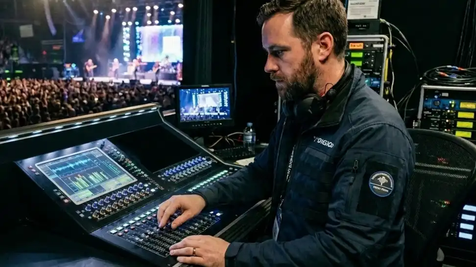 Broadcast audio engineer at front-of-house mixing console during live sports event