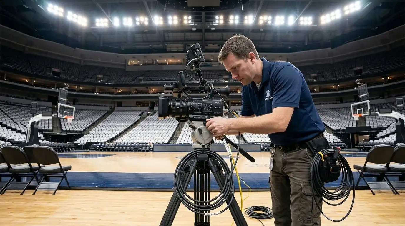 Broadcast camera crew installing camera position at sports arena during production build