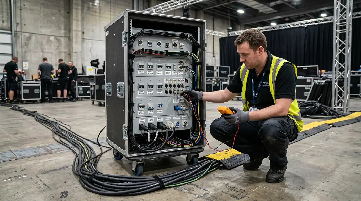 Broadcast power distribution panel and cable management at a sports venue