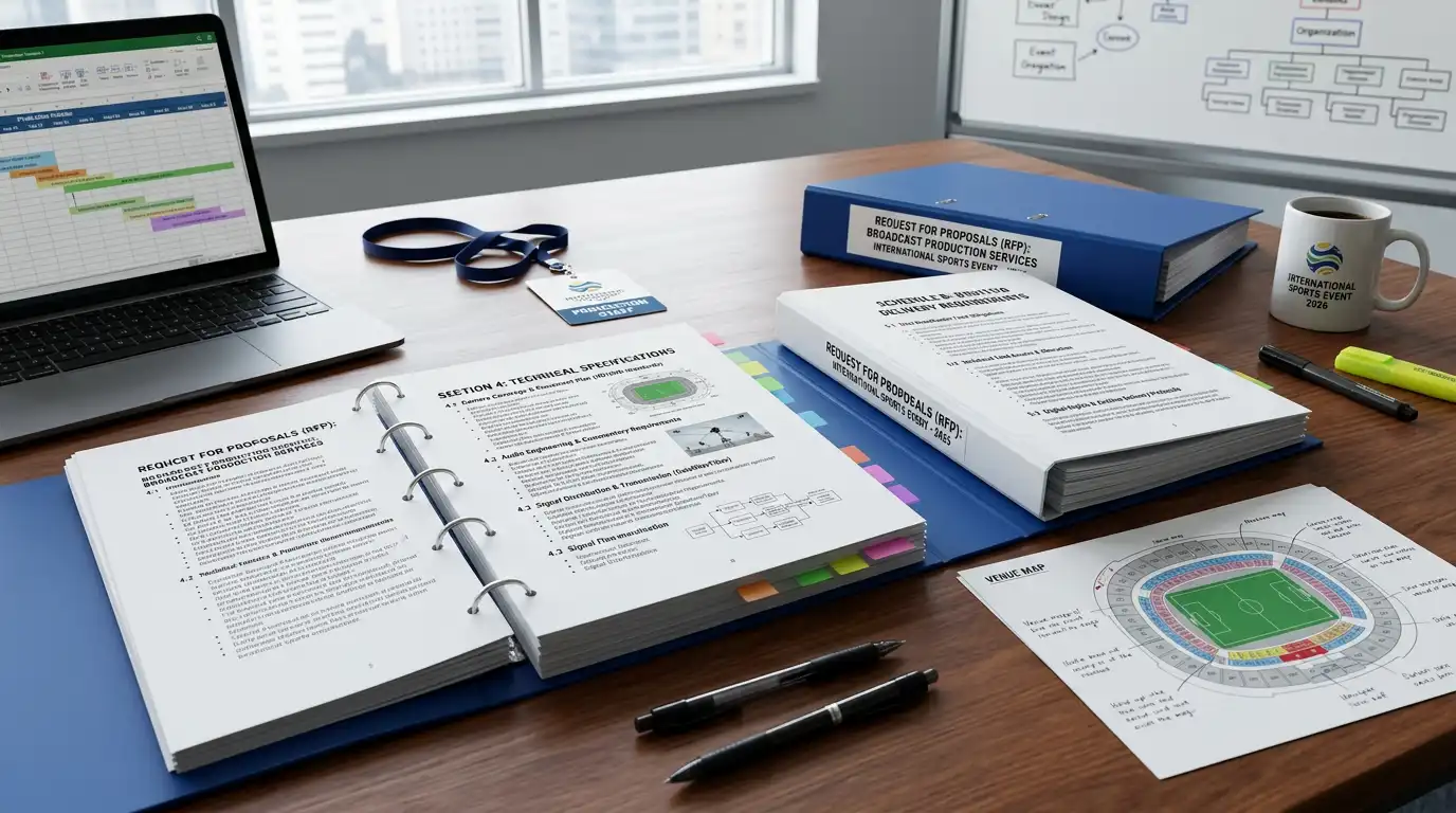 Broadcast production tender documents and technical specifications laid out on a desk