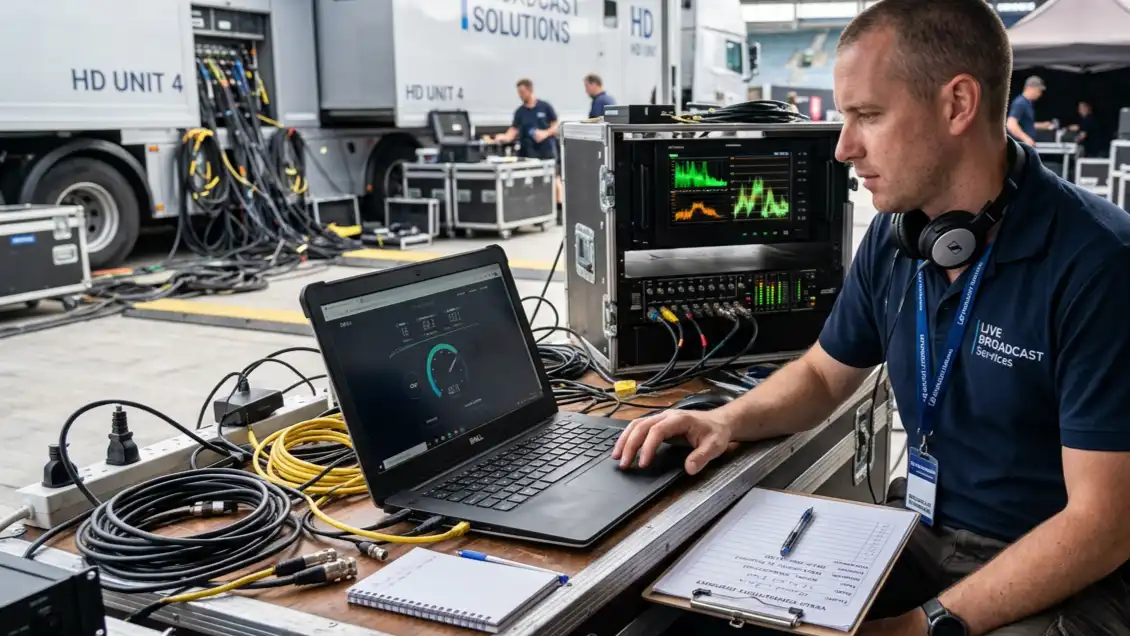 Broadcast technician testing upload bandwidth and latency for sports broadcast transmission