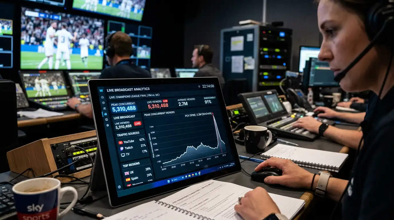Live broadcast analytics showing peak concurrent viewers during international sports championship