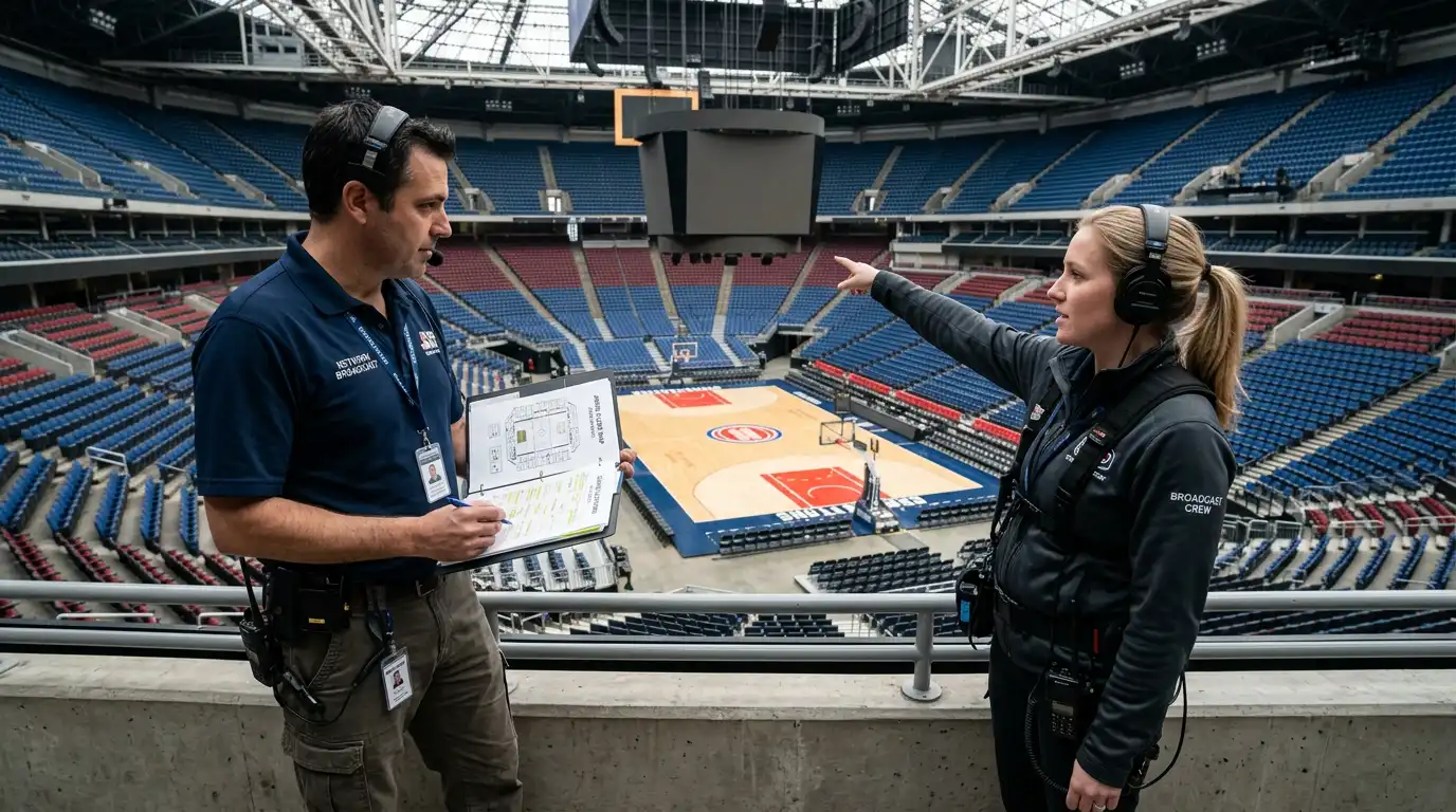 Broadcast production team conducting venue technical survey to assess camera positions